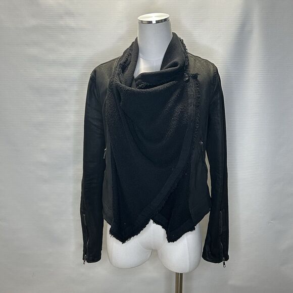 Free People Wax Denim Moto Jacket Black Womens Size 4 Zipper Pockets Drapey - Picture 1 of 13